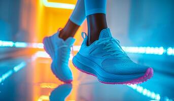 Energetic Running Pose Under Neon Lighting in Urban Setting photo