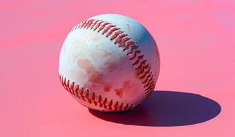 Weathered Baseball on Pink Surface With Shadow. A worn baseball with visible dirt sits on a vibrant pink surface photo