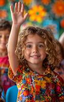 Happy Child Raising Hand in Colorful Classroom During Lesson photo