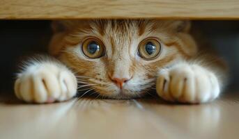Curious Ginger Cat Peeking Under Furniture at Home. A ginger cat with big eyes peeks out from beneath wooden furniture photo