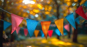 Colorful Bunting Flags Hanging In a Sunlit Garden During Autumn. Colorful bunting flags sway gently in the breeze photo