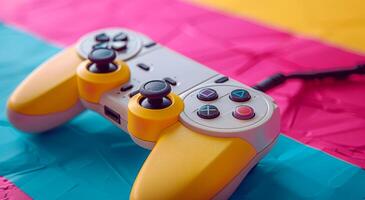 Colorful Game Controller on Bright Surface for Gaming Fun. A vibrant game controller rests on a colorful background photo