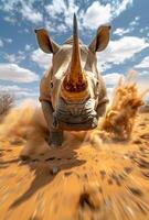 Close Encounter With a Charging Rhinoceros in Desert Landscape. A rhinoceros charges through the sandy terrain photo