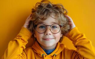 Smiling Boy With Curly Hair and Glasses on Yellow Backdrop photo