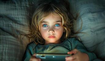 Young Child Engaged With Smartphone Under Soft Bedding Light. A child with bright blue eyes sits under soft bedding photo