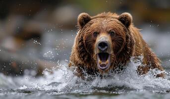 Grizzly Bear Hunting in Shallow Water During Daylight. A grizzly bear charges through shallow water photo