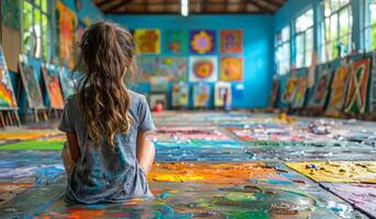 Child Enjoys Art Class in Colorful Studio With Creative Artwork. A child sits on the floor of an art studio photo