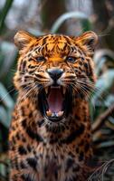 Wild Leopard Roaring in Dense Jungle During Daylight Hours photo