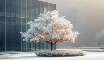 A large tree covered in snow sits in front of a building photo