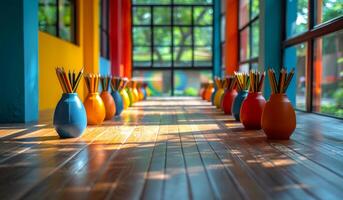 A row of colorful vases with pencils in them are lined up on a wooden floor photo