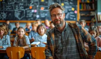A man with glasses stands in front of a classroom full of students. He is smiling and he is a teacher. photo