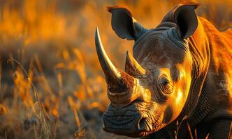 A rhino with a large horn is standing in a field of tall grass. The sun is shining brightly, casting a warm glow on the rhino's face. photo