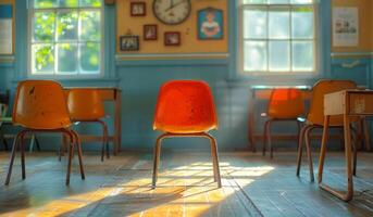 A classroom with three orange chairs and a clock on the wall. The chairs are empty and the room is bright and sunny photo