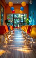 A long hallway with many chairs and a few potted plants. The chairs are all different colors and are arranged in rows. photo