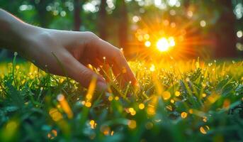 A hand is reaching out to touch the grass in a field. The sun is shining brightly, casting a warm glow on the scene. photo