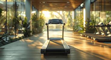 A treadmill is in a gym with a view of trees photo