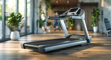 A treadmill is in a gym with a few potted plants. The room is bright and inviting, with a sense of calm and relaxation photo