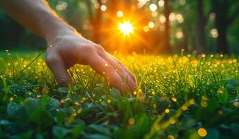 A hand is reaching out to touch the grass in a field. The sun is shining brightly, casting a warm glow on the scene. photo