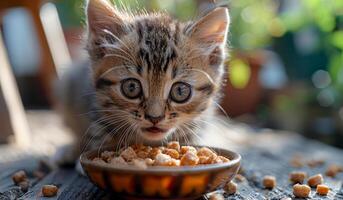 A kitten is eating food from a bowl. The bowl is on a wooden table. The kitten is looking up at the camera photo