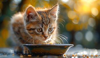 A kitten is eating from a bowl. The kitten is looking at the camera photo