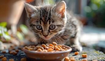 A kitten is eating from a bowl of food. The bowl is on a table and the kitten is looking up at the camera photo