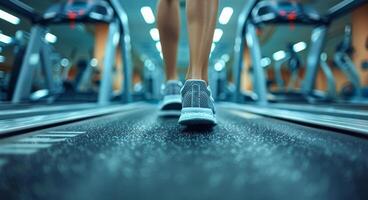 A person is running on a treadmill in a gym. Concept of determination and focus as the person works out photo