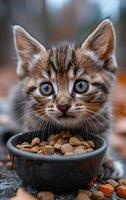 A kitten is eating food from a bowl. The bowl is black and the food is in the shape of small balls. photo