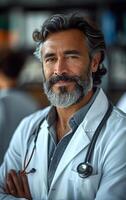 A man with a white coat and a stethoscope is smiling. He is a doctor. Concept of professionalism and confidence photo