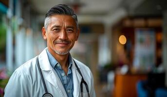 A man in a white lab coat is smiling for the camera. He is a doctor and he is happy photo