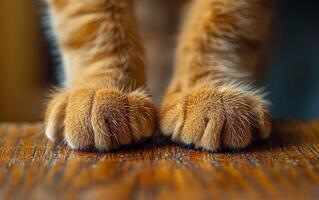 A close up of a cat's paw on a wooden table. The paw is brown and has a furry texture. photo