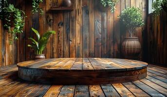 A wooden room with a round table and a potted plant. The room has a rustic and cozy atmosphere photo