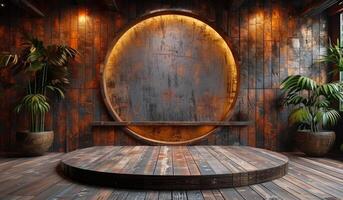 A large wooden circle with a hole in the middle. The circle is surrounded by a wooden floor and a wall. photo