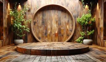 A wooden room with a round table and potted plants. The room has a rustic and natural feel to it photo