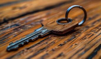 A key is laying on a wooden surface. The key is silver and has a wooden handle photo