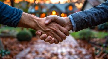 Two people shaking hands in front of a house. Scene is friendly and welcoming photo