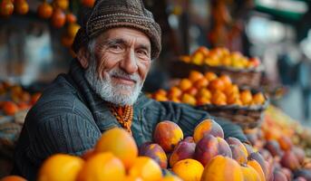 A man with a beard and a hat is smiling at the camera while holding a basket of oranges photo
