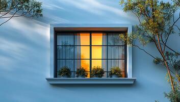 A window with a view of trees and a potted plant. The window is lit up by the sun, creating a warm and inviting atmosphere photo