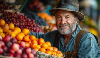 A man wearing a hat stands in front of a fruit stand with a basket full of oranges. He is smiling and he is happy photo