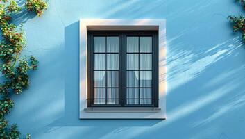 A window with a black frame and white curtains. The window is on a blue wall photo