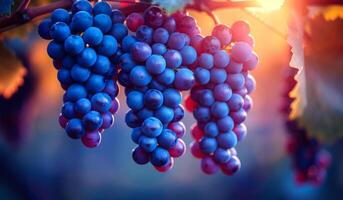Three bunches of grapes are hanging from a vine. The grapes are blue and red in color photo