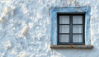 A window with a blue frame sits in front of a white wall. The window is open, and the curtains are drawn. photo