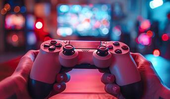 A person is holding a game controller in front of a television photo