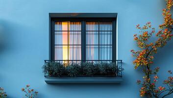 A window with a view of a building and a balcony. The window is open and the curtains are drawn photo