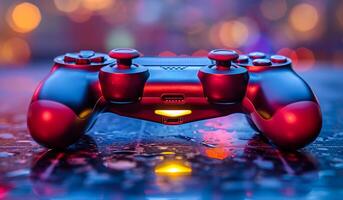 A red controller with a yellow light on it. The controller is on a table with a blue background photo