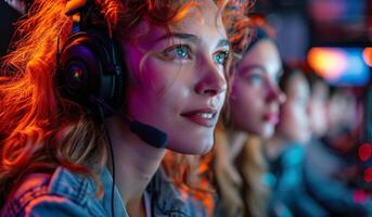 A woman wearing a headset and smiling at the camera. She is the only one in the image photo