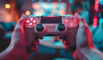 A person is holding a game controller with a red button on the top photo