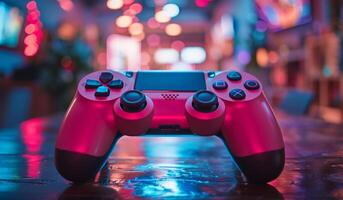 A red controller sits on a table. The controller is the main focus of the image, and it is in a well-lit room. photo