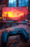 A black controller sits on a wooden table in front of a television photo