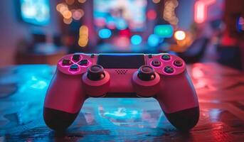 A pink controller is sitting on a table. The controller is lit up with neon colors, giving it a futuristic and cool vibe photo