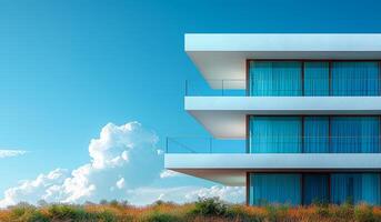 A tall white building with a balcony and a blue sky in the background. The building is surrounded by a lush green field photo